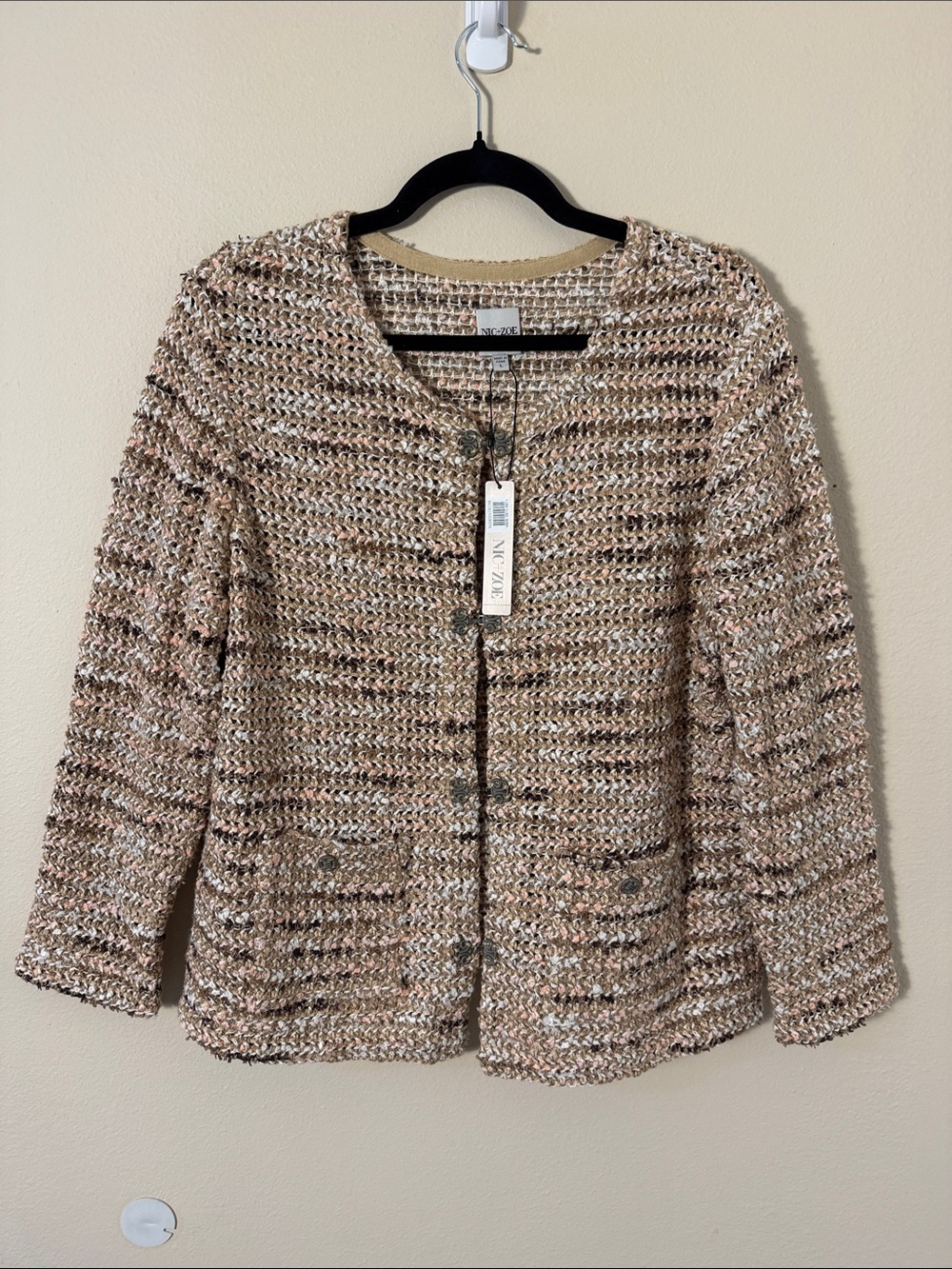 Nic + Zoe Tonal Mix Knit Jacket Sweater in Neutral Multi Size L